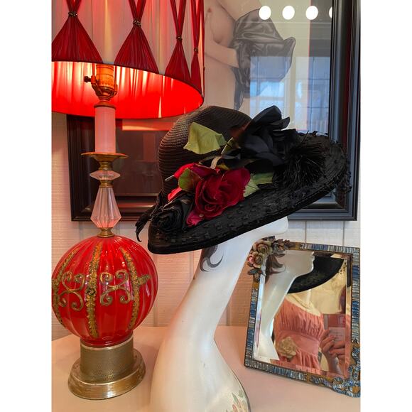 vintage 1940s black straw wide brim hat with veil and roses 40s film noir floral - Picture 1 of 6